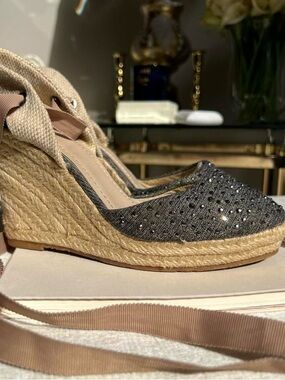 Wedge Espadrille with Rhinestone Mesh - Black